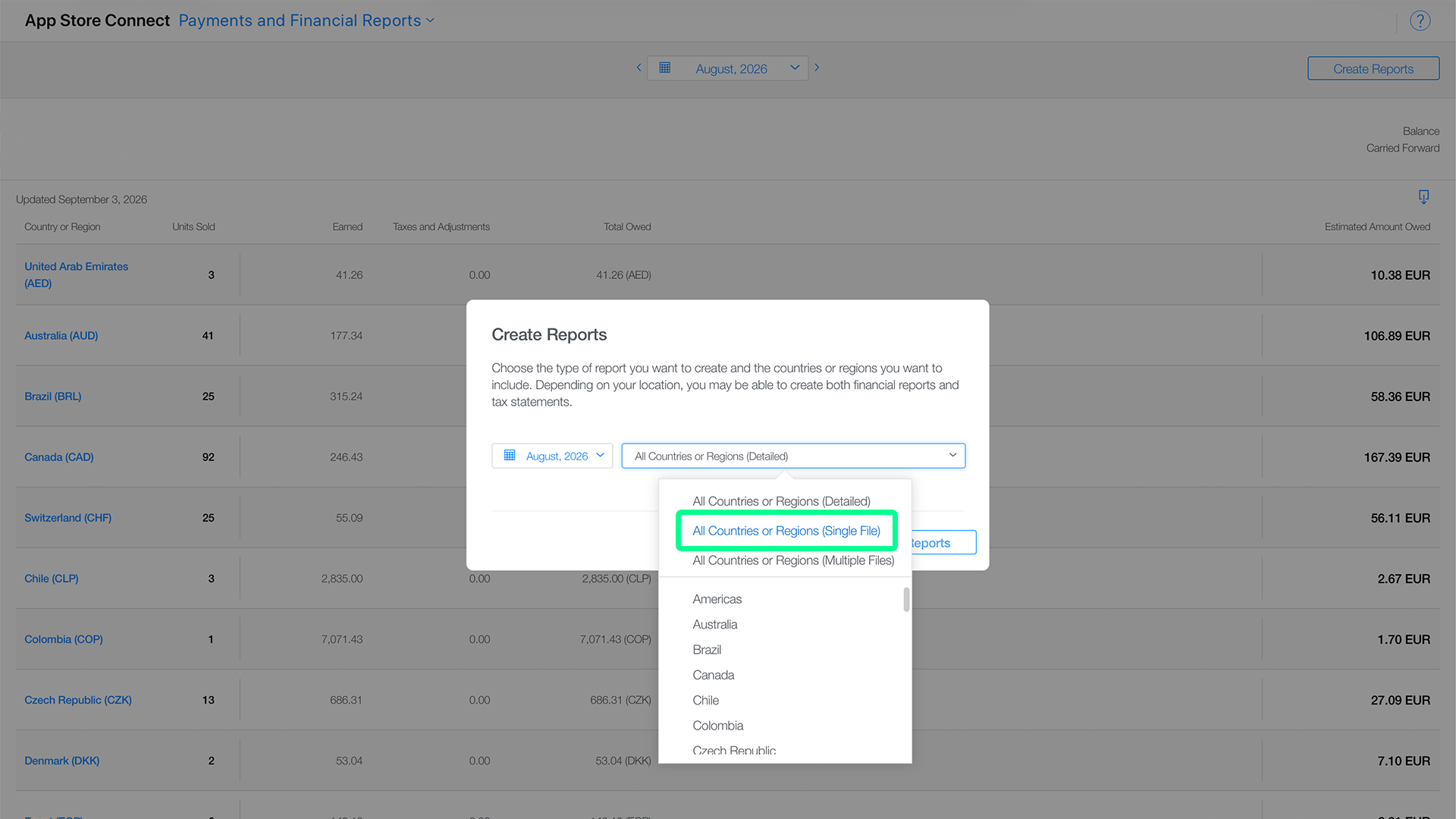 Create Reports window with a month and All Countries or Regions (Single File) selected