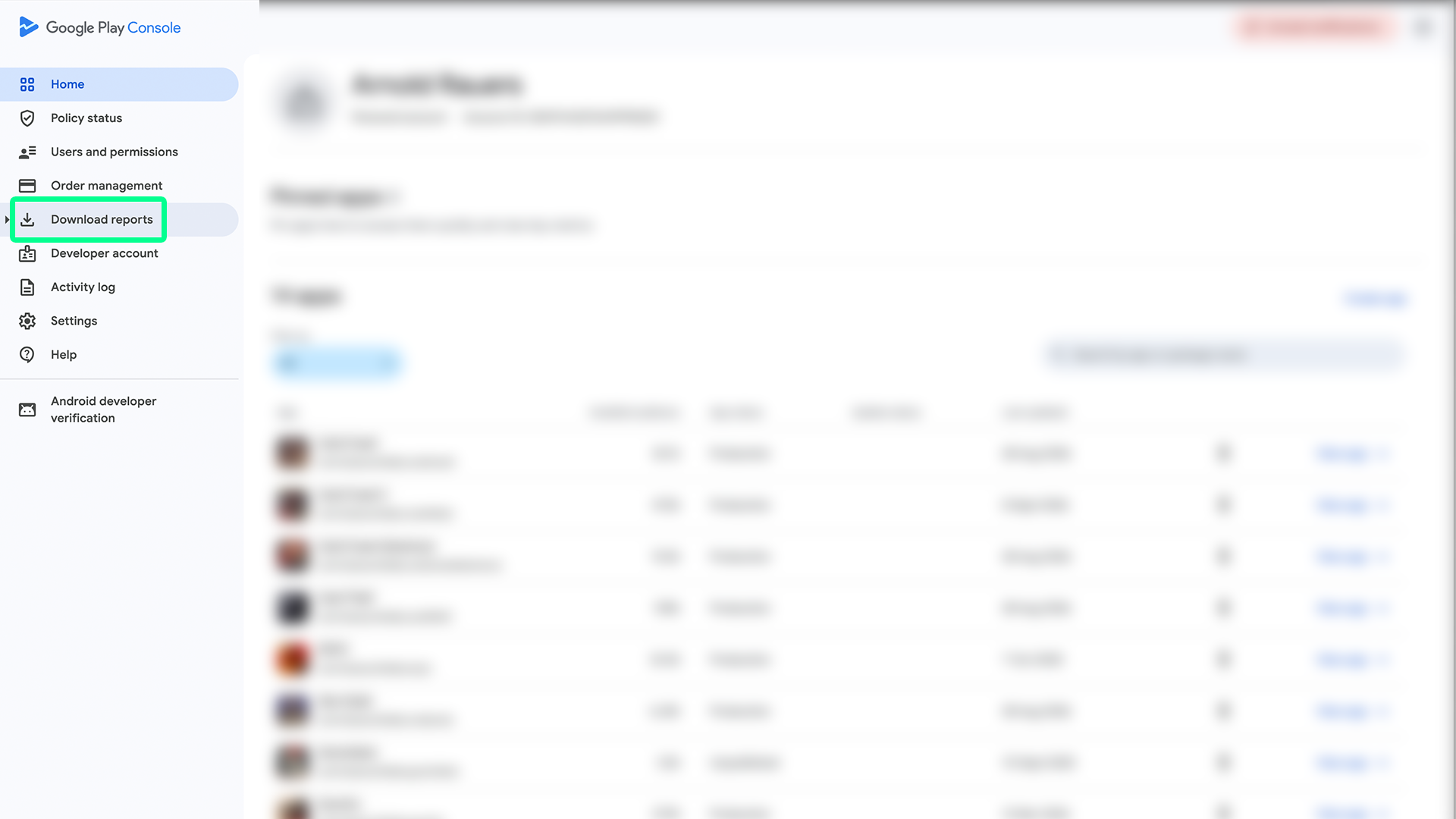 Google Play Console dashboard with Download reports highlighted in the sidebar