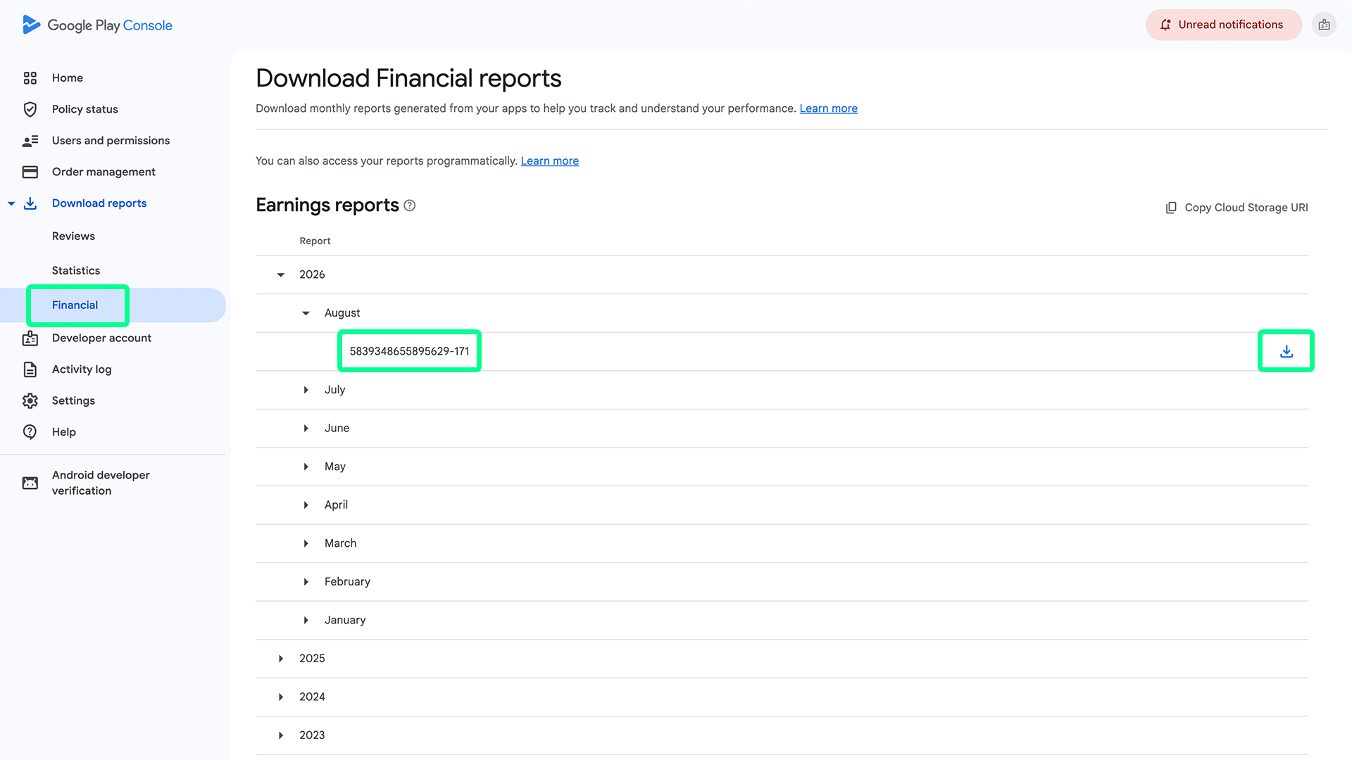 Download Financial reports page with a month's earnings report and the download icon highlighted