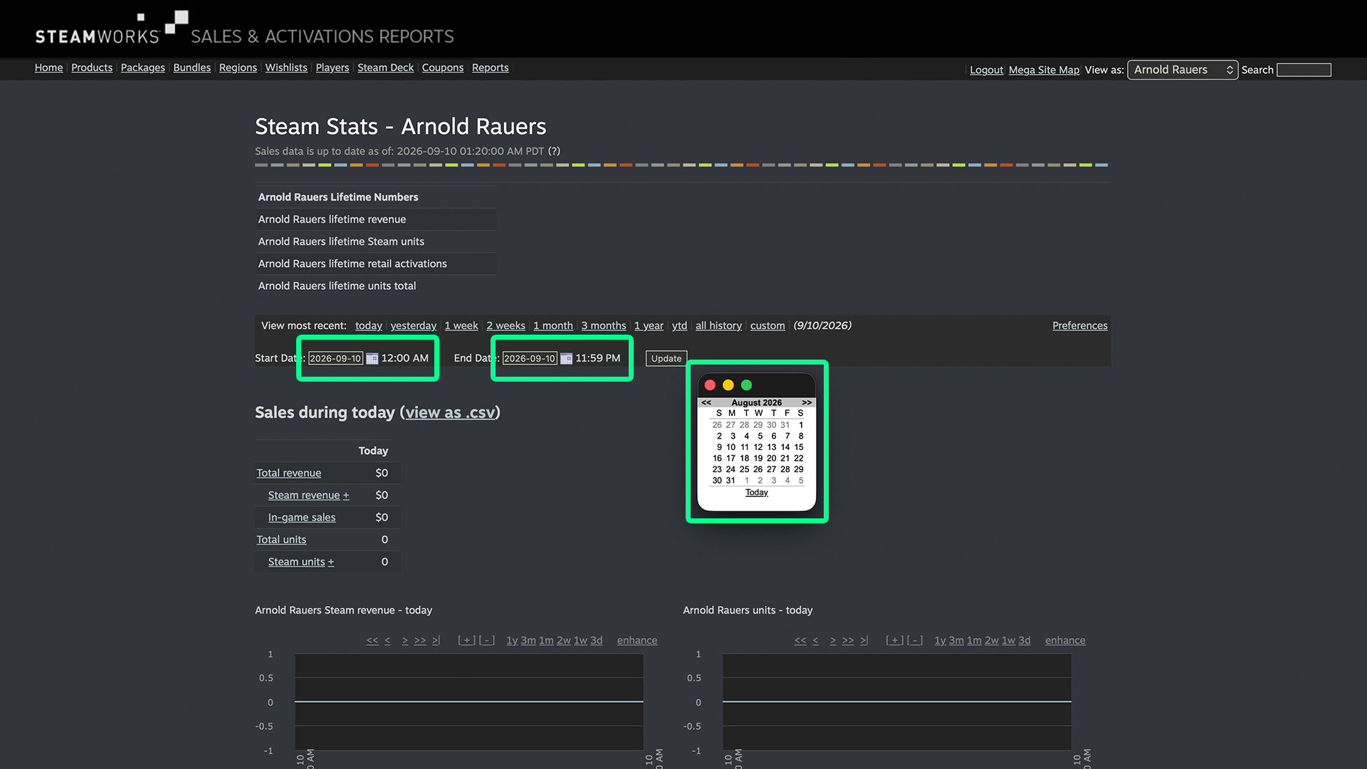 Steamworks Sales & Activations Reports with the start date, end date, and Update button highlighted